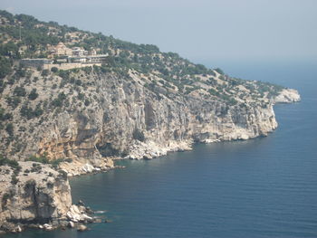 Scenic view of sea and mountains against sky