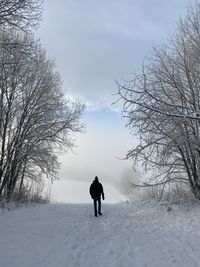 Rear view of people on snow covered field against sky