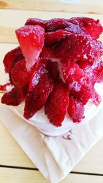 Close-up of strawberries in plate on table