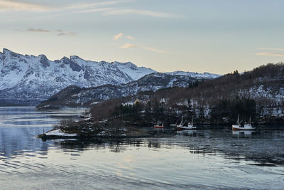 Scenic view of snowcapped mountains against sky during winter