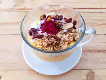 High angle view of breakfast in bowl on table