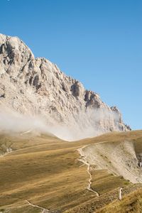 Scenic view of rocky mountains against clear blue sky