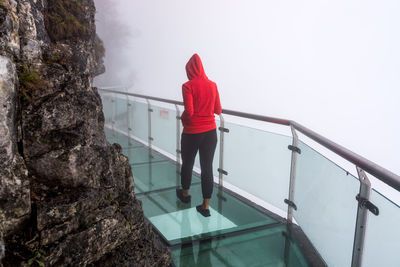Rear view of woman standing on staircase
