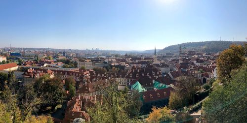 High angle shot of townscape against clear sky