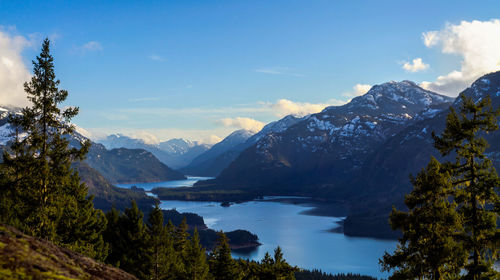 Scenic view of mountain range against blue sky