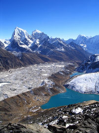 Scenic view of snowcapped mountains against clear sky