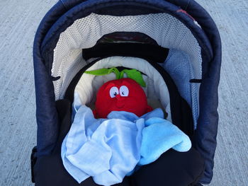 Close-up of toy in baby stroller