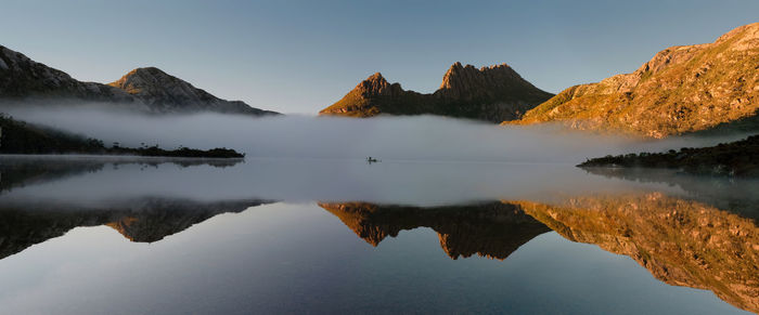 Panoramic view of lake and mountains against sky