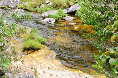 High angle view of stream flowing amidst rocks