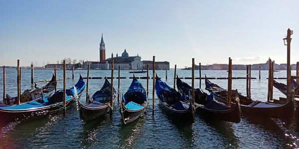 High angle view of gondolas moored in grand canal