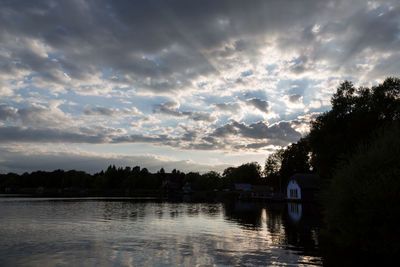 Scenic view of river against sky at sunset