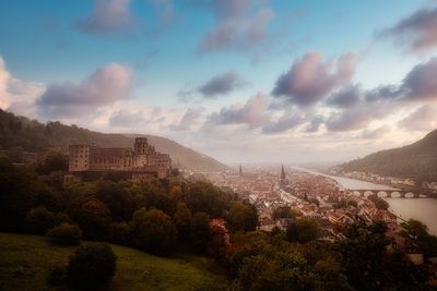 Panoramic view of townscape against sky in city