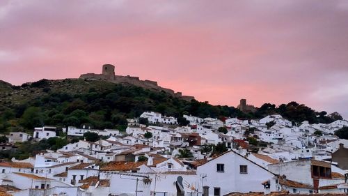 High angle view of townscape against sky at sunset