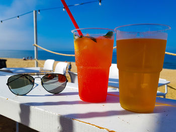 Close-up of drink on table near the beach