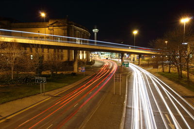 Light trails on road at night