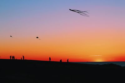 Silhouette kites flying against clear sky during sunset