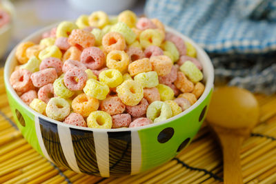 Close-up of multi colored candies in bowl on table