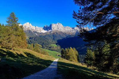 Road amidst trees and mountains against blue sky