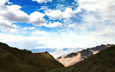 Scenic view of mountains against cloudy sky