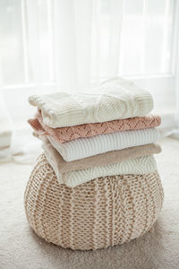 Close-up of towels on jute