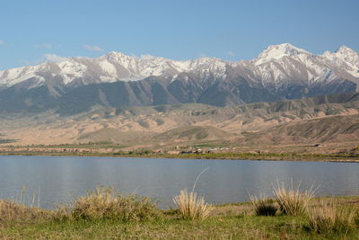 Scenic view of lake by mountains against sky