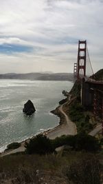 View of suspension bridge over sea