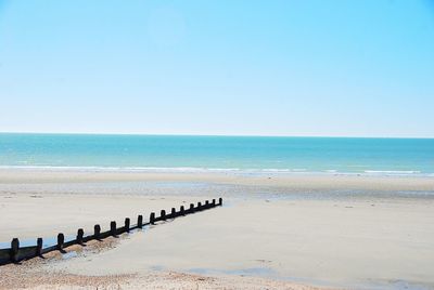 Scenic view of sea against clear blue sky