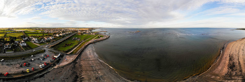 High angle view of seaside, millisle, against sky