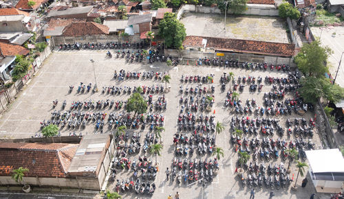 High angle view of motorcycle on street against buildings