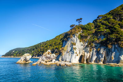 Scenic view of sea against clear blue sky