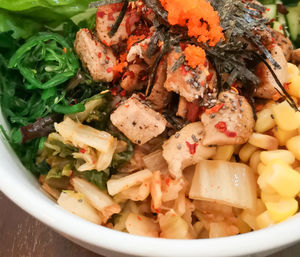 High angle view of chopped vegetables in bowl