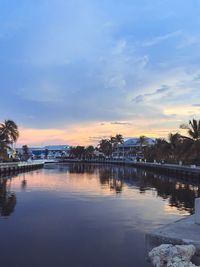 Scenic view of river against sky at sunset