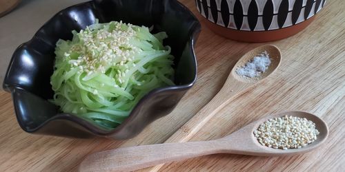 High angle view of vegetables in bowl on table