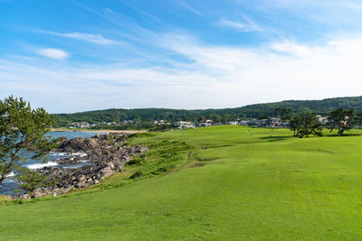 Tanesashi kaigan coast. the coastline includes sandy and rocky beach, grassy meadows scenic sea view