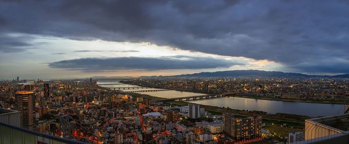 High angle view of illuminated city