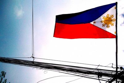 Low angle view of flags against sky