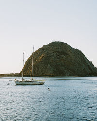 Sailboats in sea against clear sky