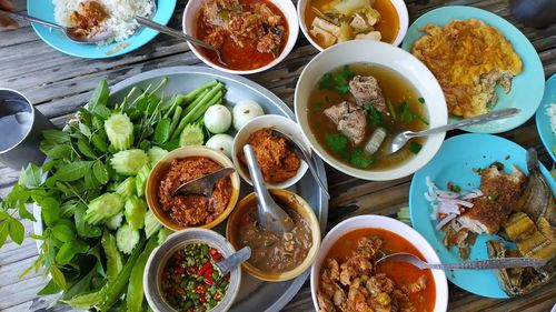 High angle view of meal served on table