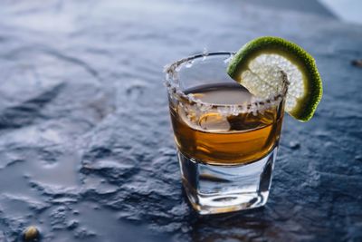 High angle view of whiskey on table