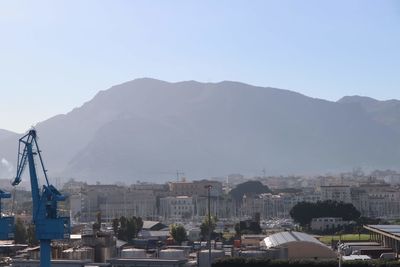 Panoramic view of buildings in city against clear sky