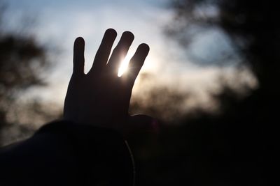 Close-up of silhouette hand against sky