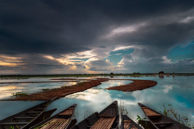 Panoramic view of lake against sky during sunset