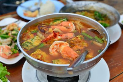 Close-up of soup in bowl on table