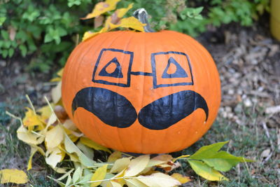 Close-up of pumpkin with painted face on field