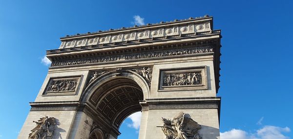 Low angle view of statue against blue sky