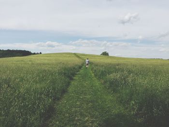 Rear view of woman walking on field against sky