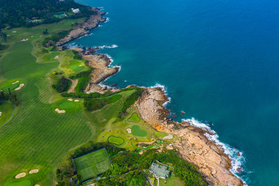 Aerial view of a beautiful golf course at the ocean side