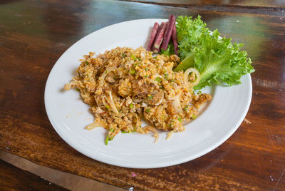 High angle view of food in plate on table