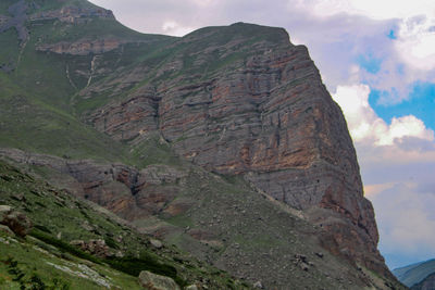 Low angle view of rocky mountains against sky