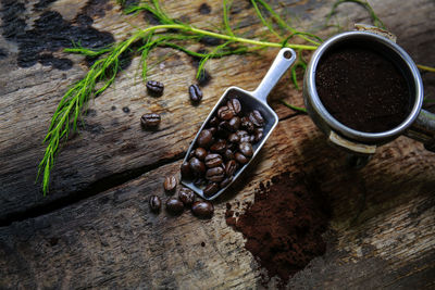 High angle view of coffee beans on table